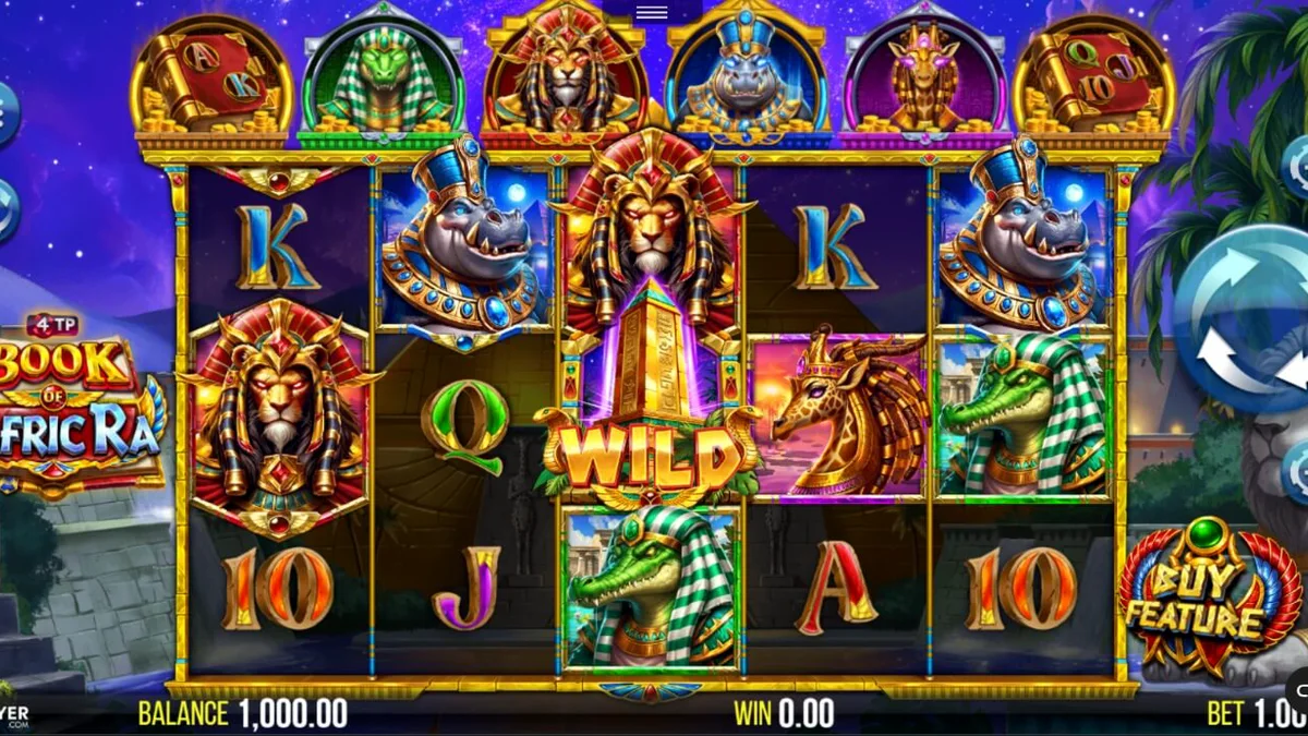 Tampilan visual slot 4TP Book of AfricRa dengan tema hewan Mesir Kuno